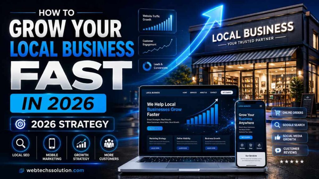 Modern local business growth thumbnail showing storefront, mobile marketing, SEO analytics dashboard, website traffic growth, and digital marketing tools for 2026.