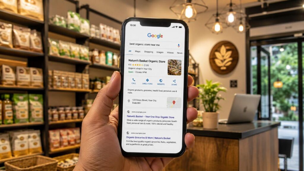 Hand holding a smartphone in front of a modern local shop interior with product shelves, clean business setup, and digital marketing concept for local business growth.