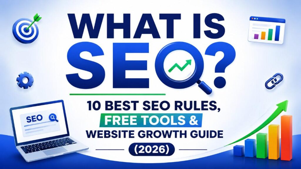 What Is SEO thumbnail showing SEO rules, free SEO tools, website growth guide, search engine optimization strategy, ranking improvement, backlinks, analytics dashboard and traffic growth chart for 2026
