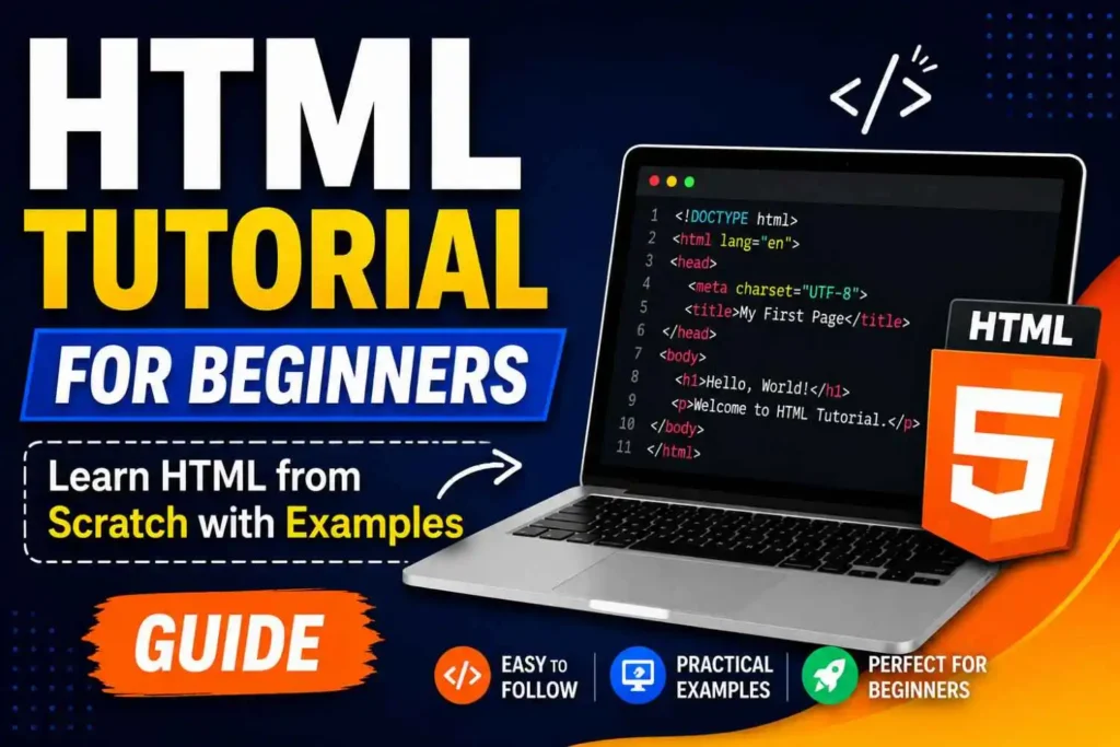HTML Tutorial for Beginners thumbnail showing HTML5 logo, laptop with HTML code, and beginner coding guide with practical examples.